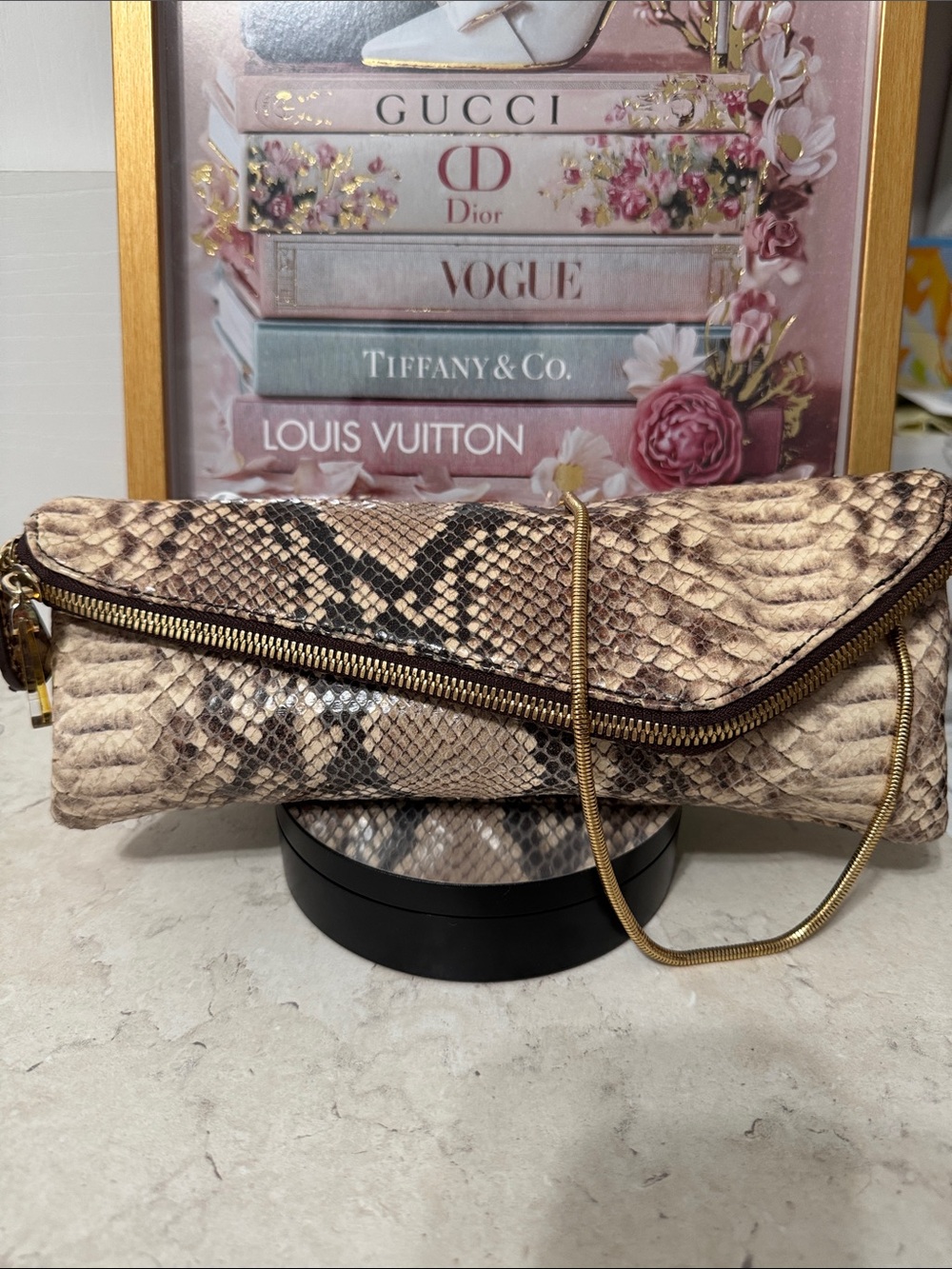 Henri Bendel Snakeskin told over clutch with removable chain shoulder strap
